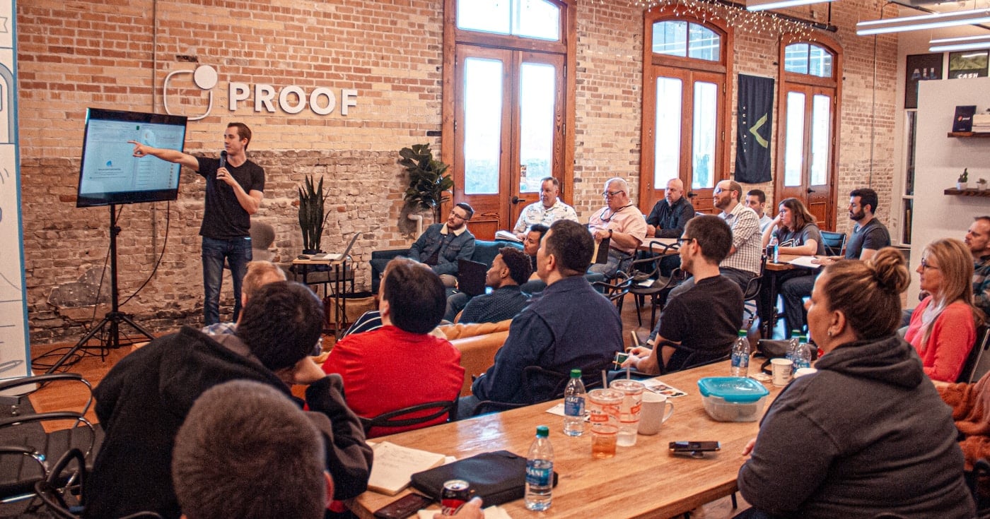 Entrepreneur presenting to investors at a startup pitch