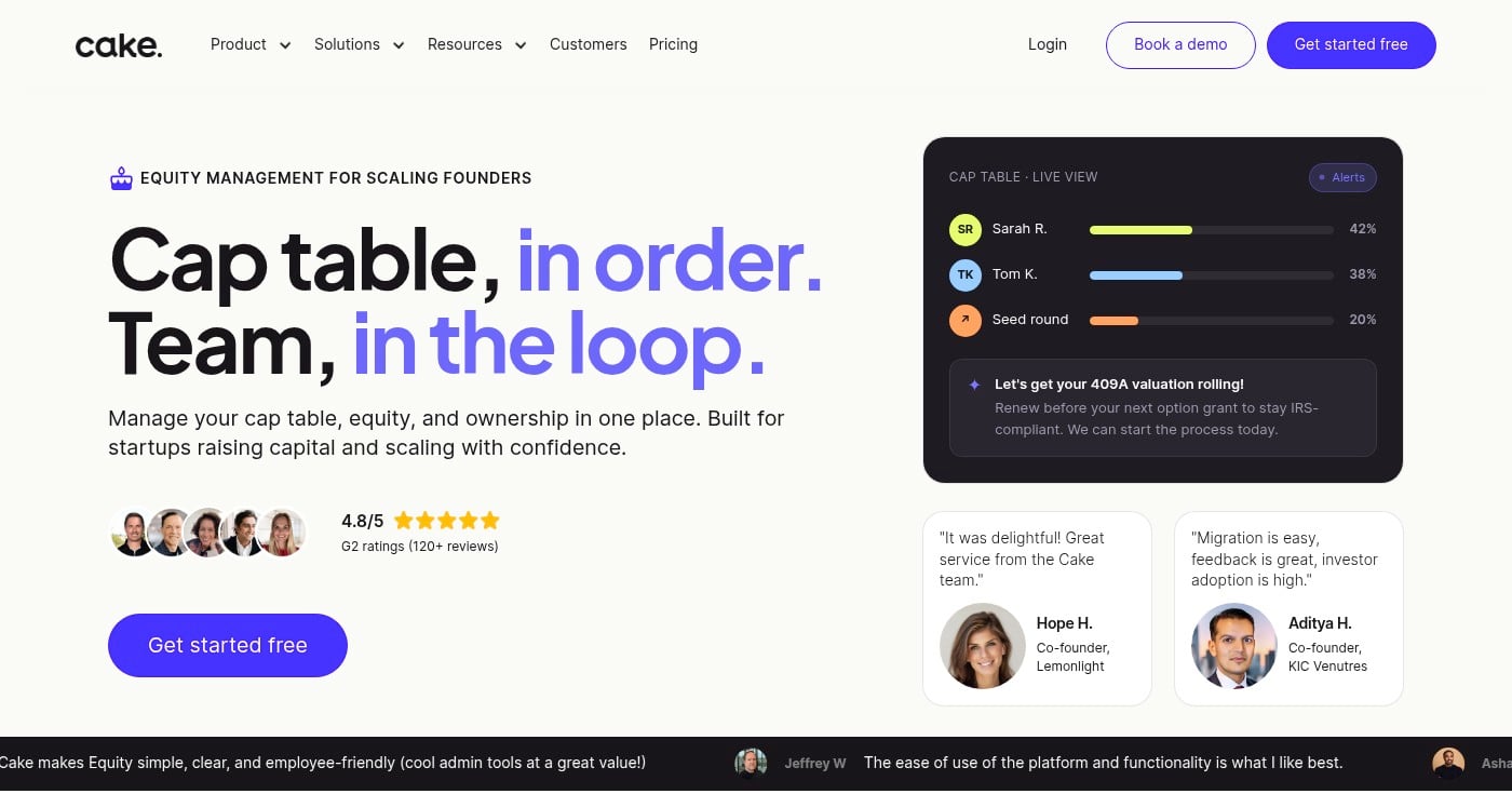 Cake Equity cap table software homepage