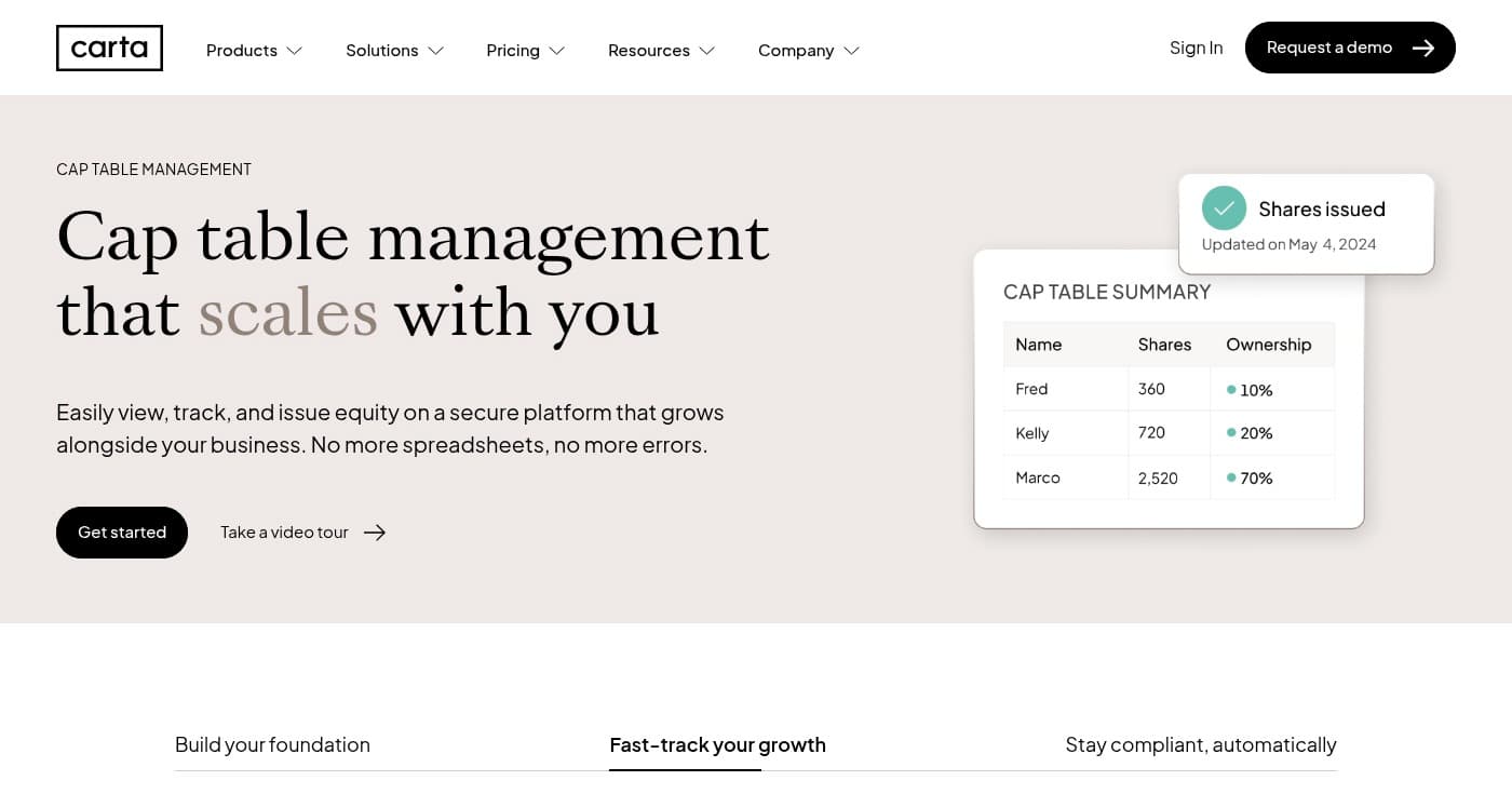 Screenshot of Carta homepage