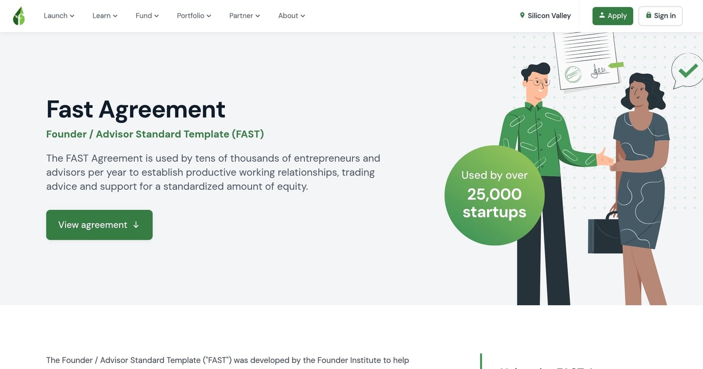 FAST Agreement V3 homepage, the Founder Institute standard advisor equity template
