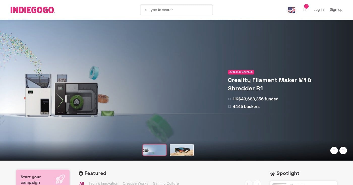 Indiegogo homepage