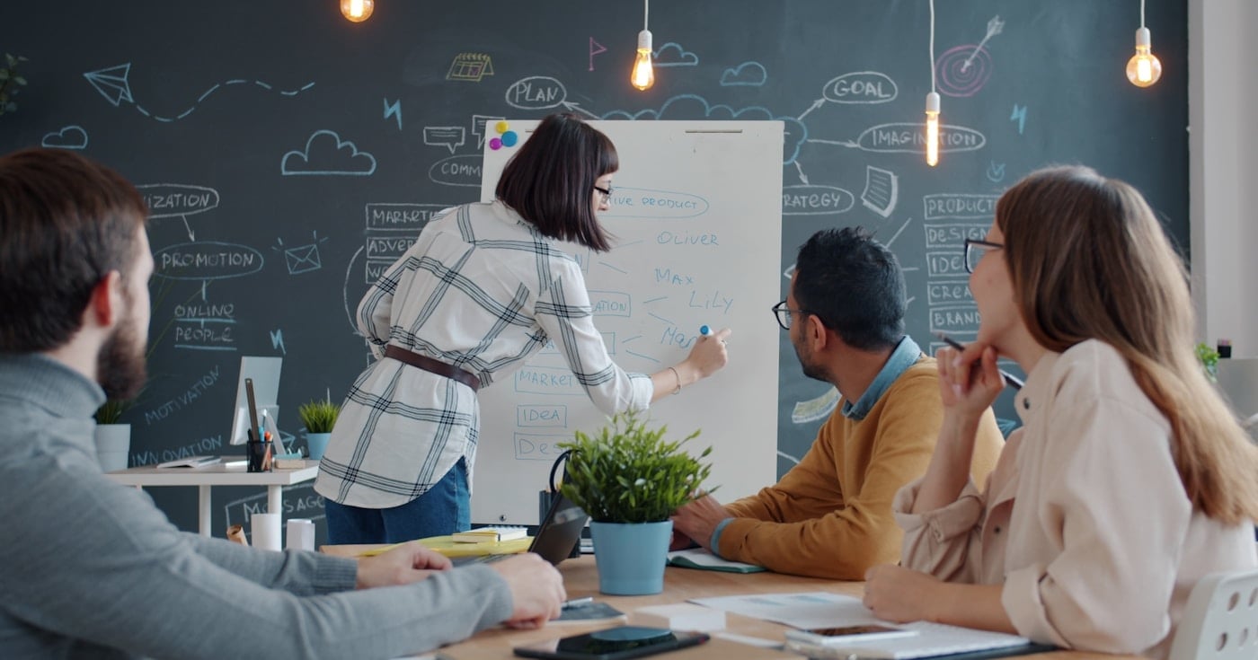 Team collaborating on a lean startup whiteboard