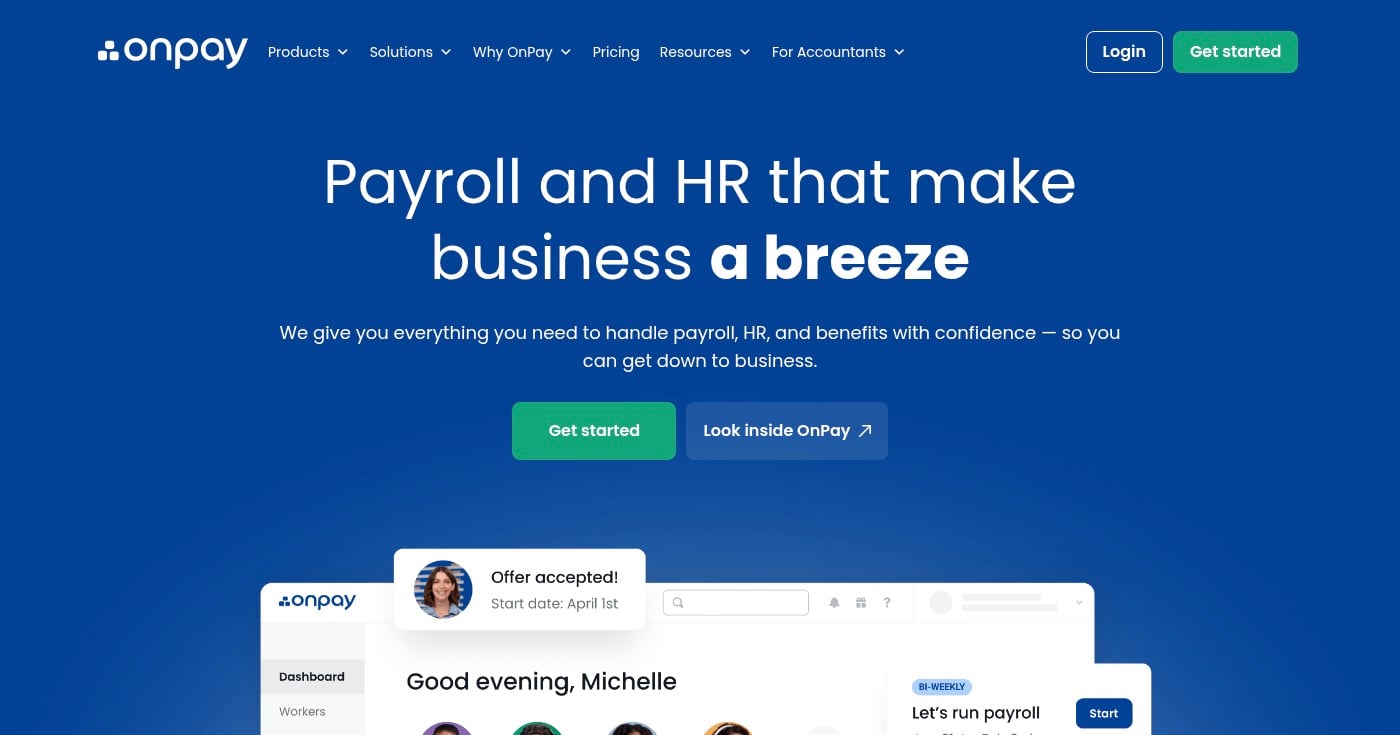 Screenshot of OnPay homepage