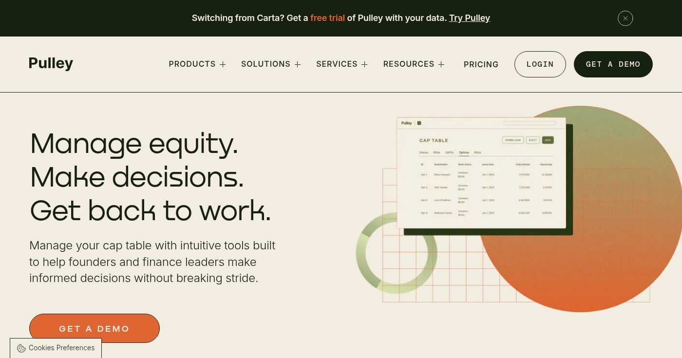 Pulley cap table software homepage