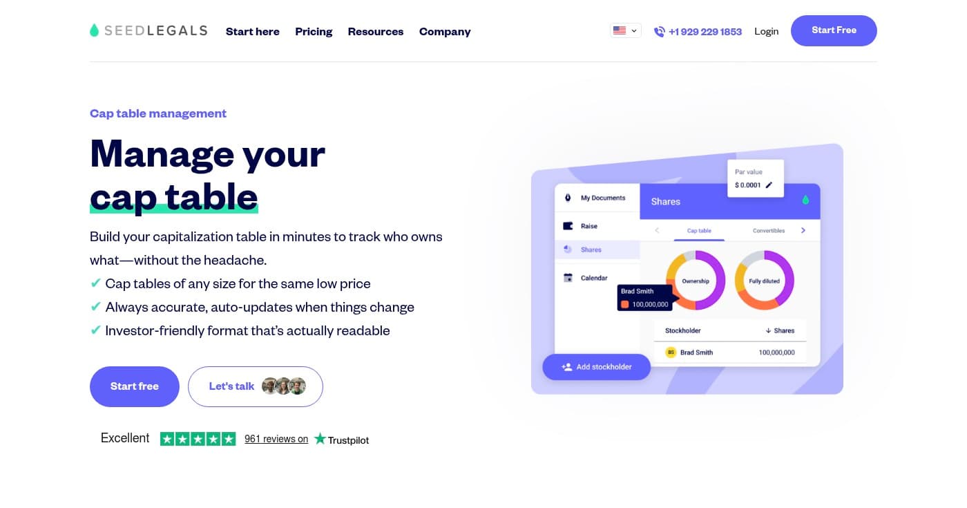 Screenshot of SeedLegals homepage