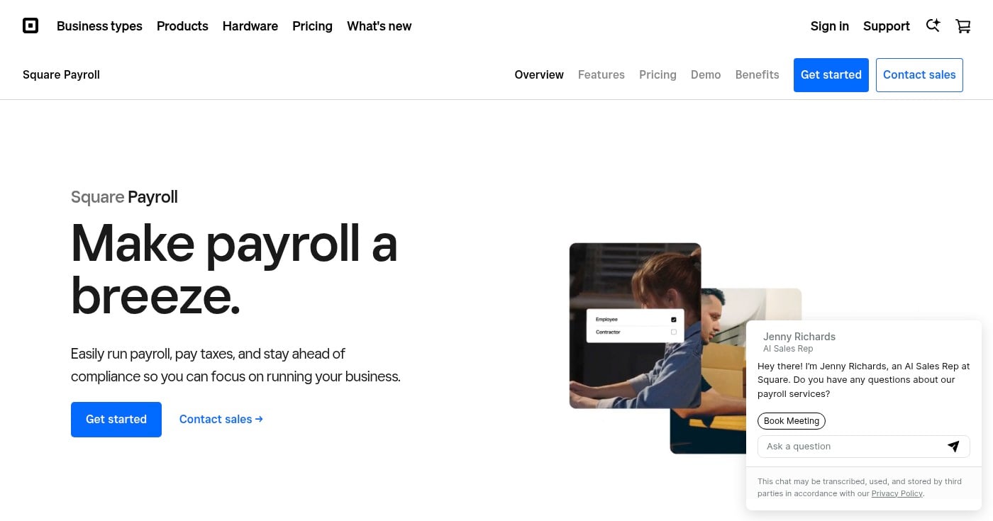 Screenshot of Square Payroll homepage
