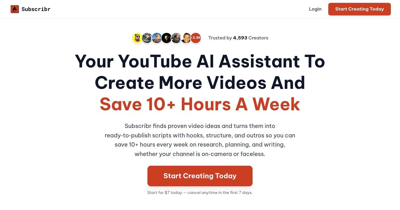 Subscribr homepage showing AI script writing tool for YouTube creators