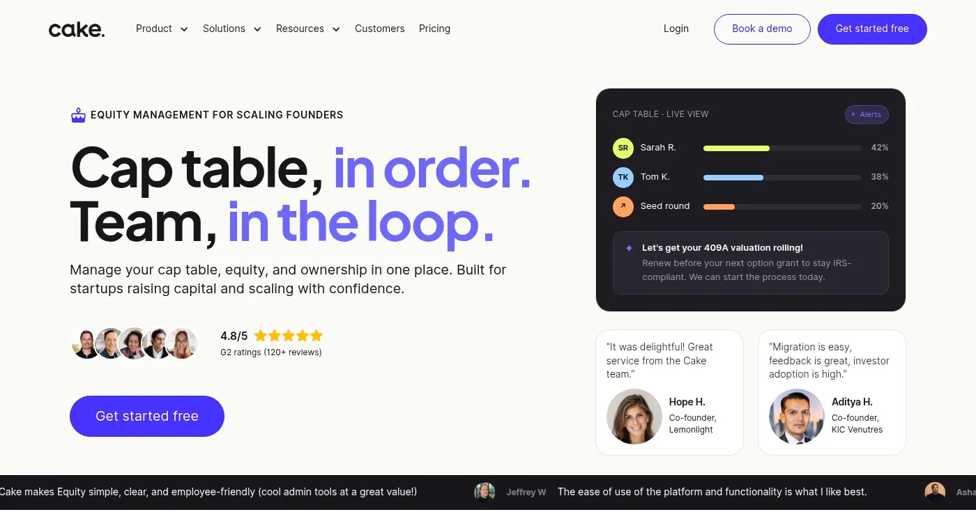 Cake Equity cap table software homepage