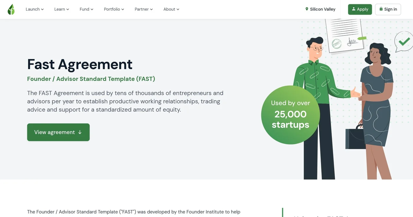 FAST Agreement V3 homepage, the Founder Institute standard advisor equity template