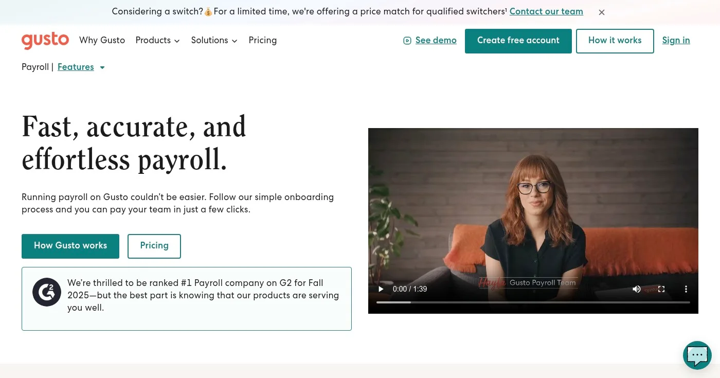Screenshot of Gusto homepage