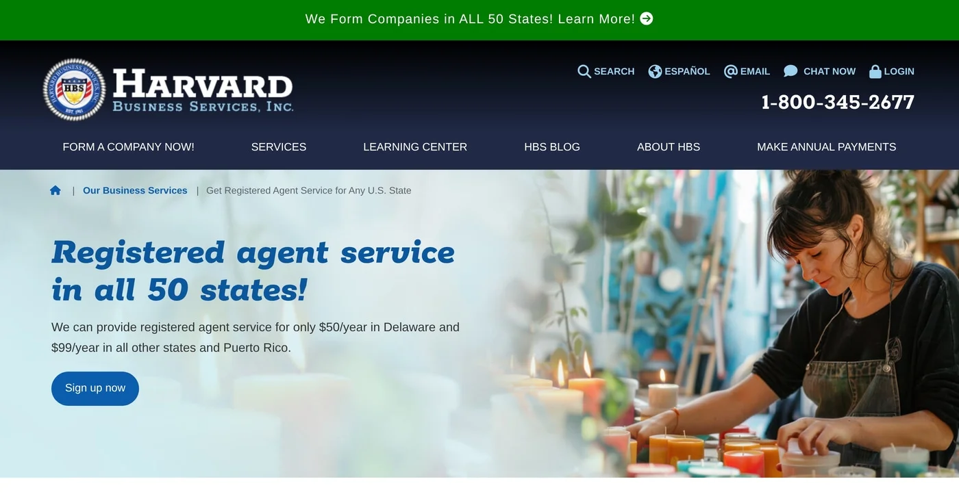 Harvard Business Services registered agent page