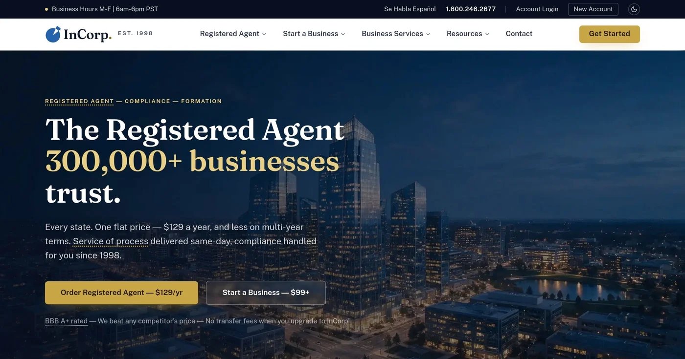 InCorp registered agent homepage
