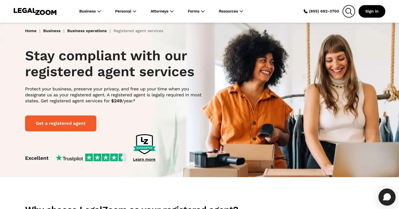 LegalZoom registered agent services page