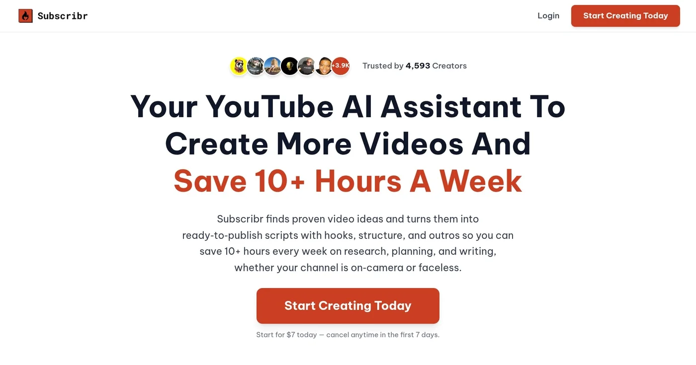 Subscribr homepage showing AI script writing tool for YouTube creators